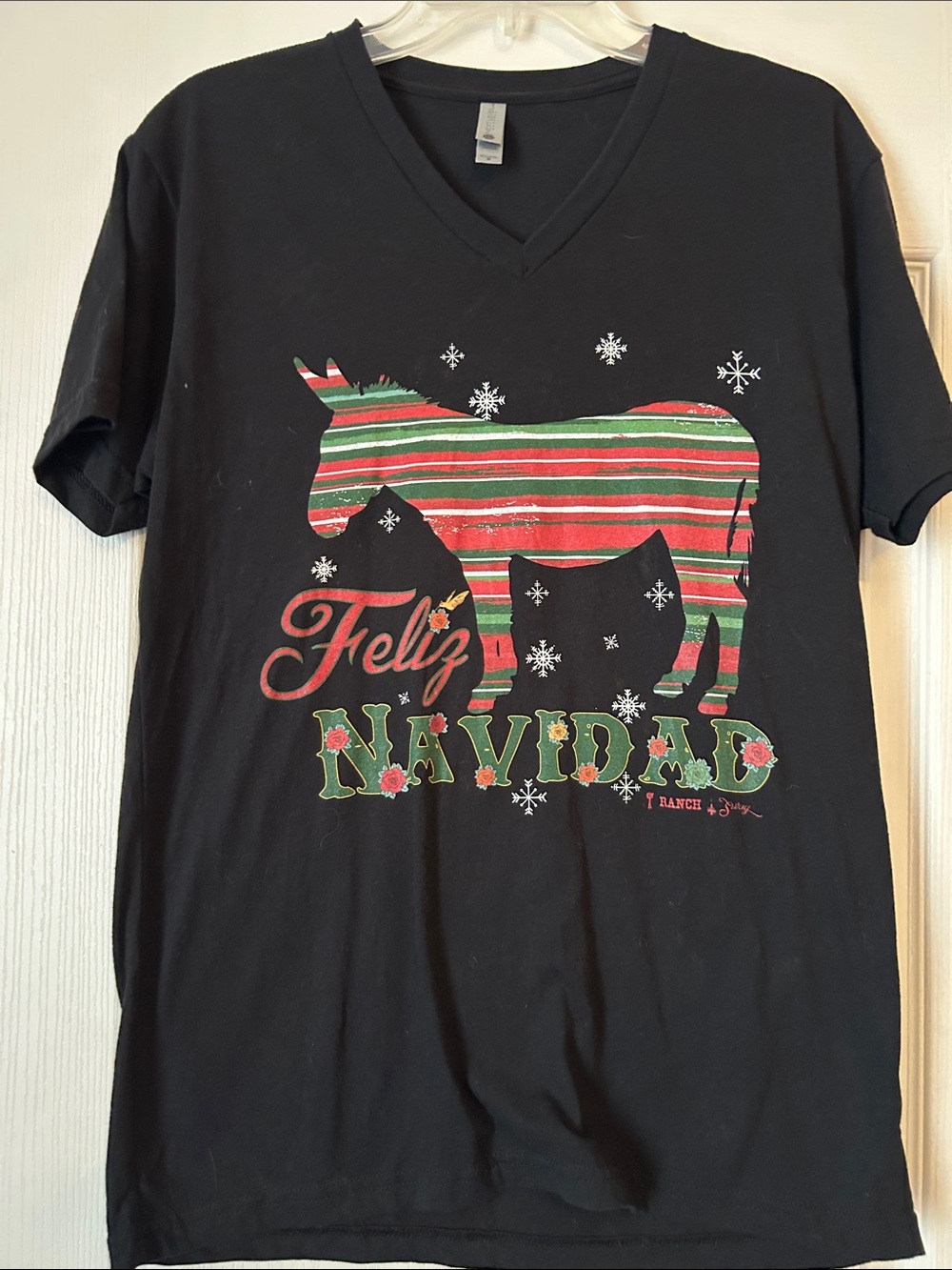 Feliz Navidad Women’s V-Neck Tee - Black with Red & Green Donkey Graphic